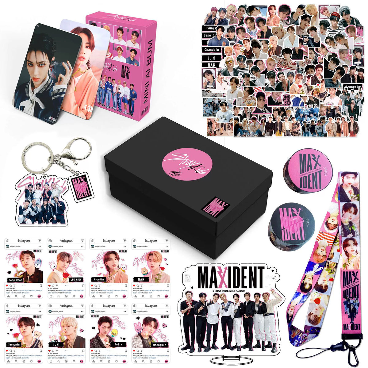 STRAYKIDS MAXIDENT Gift Set LOMOCARD Keychain Ins-Card Sticker Lanyard Tape Gift box