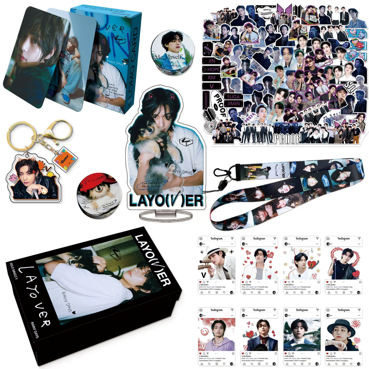 BTS V LAYOVER  Gift Set LOMOCARD Keychain Ins-Card Sticker Lanyard Tape